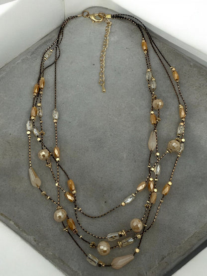 Elegant Multilayer Champagne & Crystal Beaded Necklace with Gold Accents - Fatisha Boutique