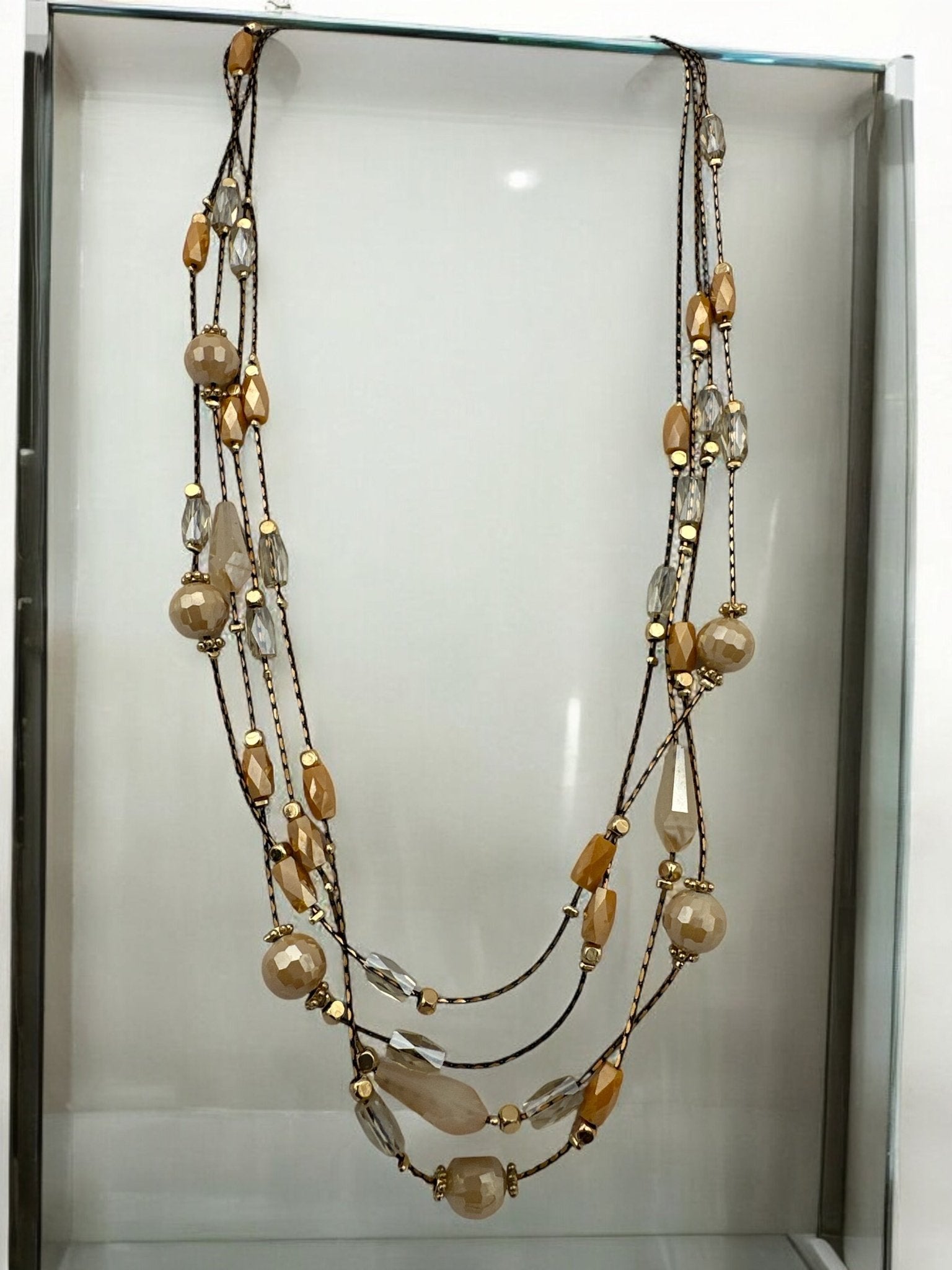 Elegant Multilayer Champagne & Crystal Beaded Necklace with Gold Accents - Fatisha Boutique