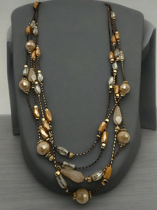 Elegant Multilayer Champagne & Crystal Beaded Necklace with Gold Accents - Fatisha Boutique