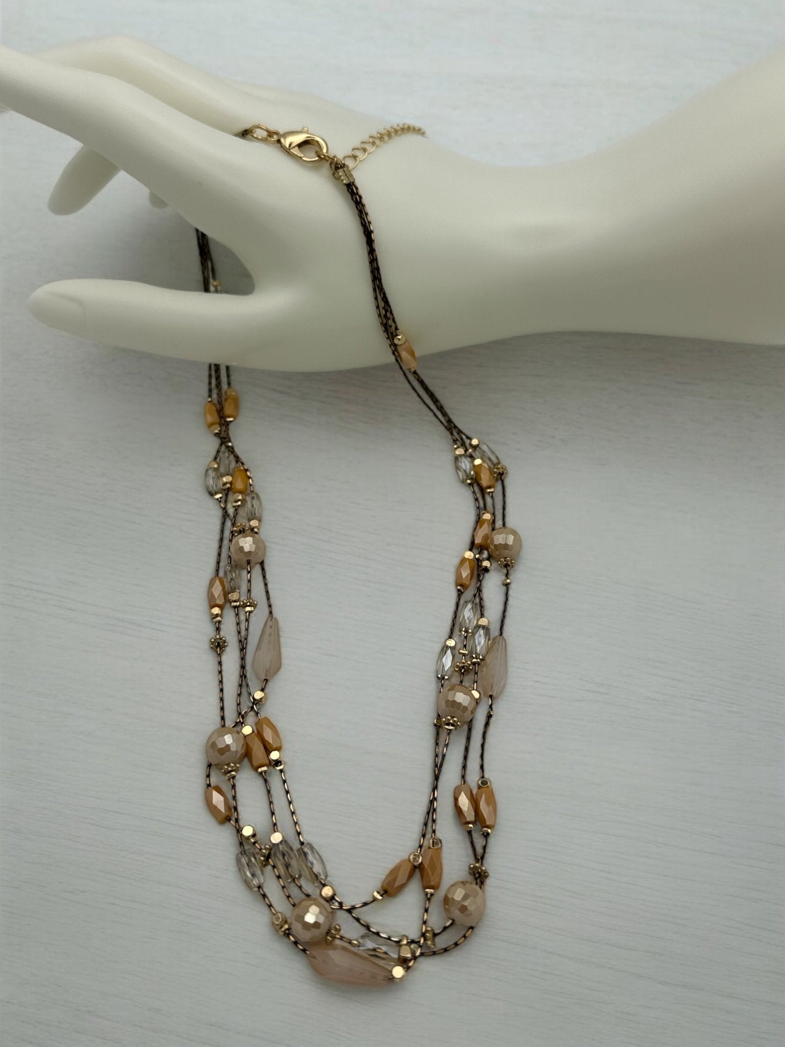 Elegant Multilayer Champagne & Crystal Beaded Necklace with Gold Accents - Fatisha Boutique