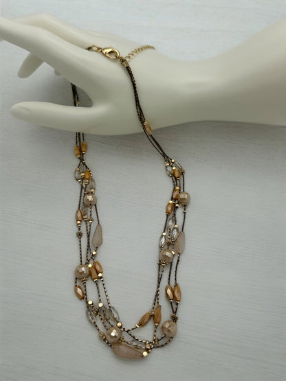 Elegant Multilayer Champagne & Crystal Beaded Necklace with Gold Accents - Fatisha Boutique