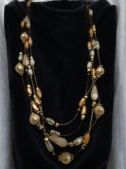 Elegant Multilayer Champagne & Crystal Beaded Necklace with Gold Accents - Fatisha Boutique