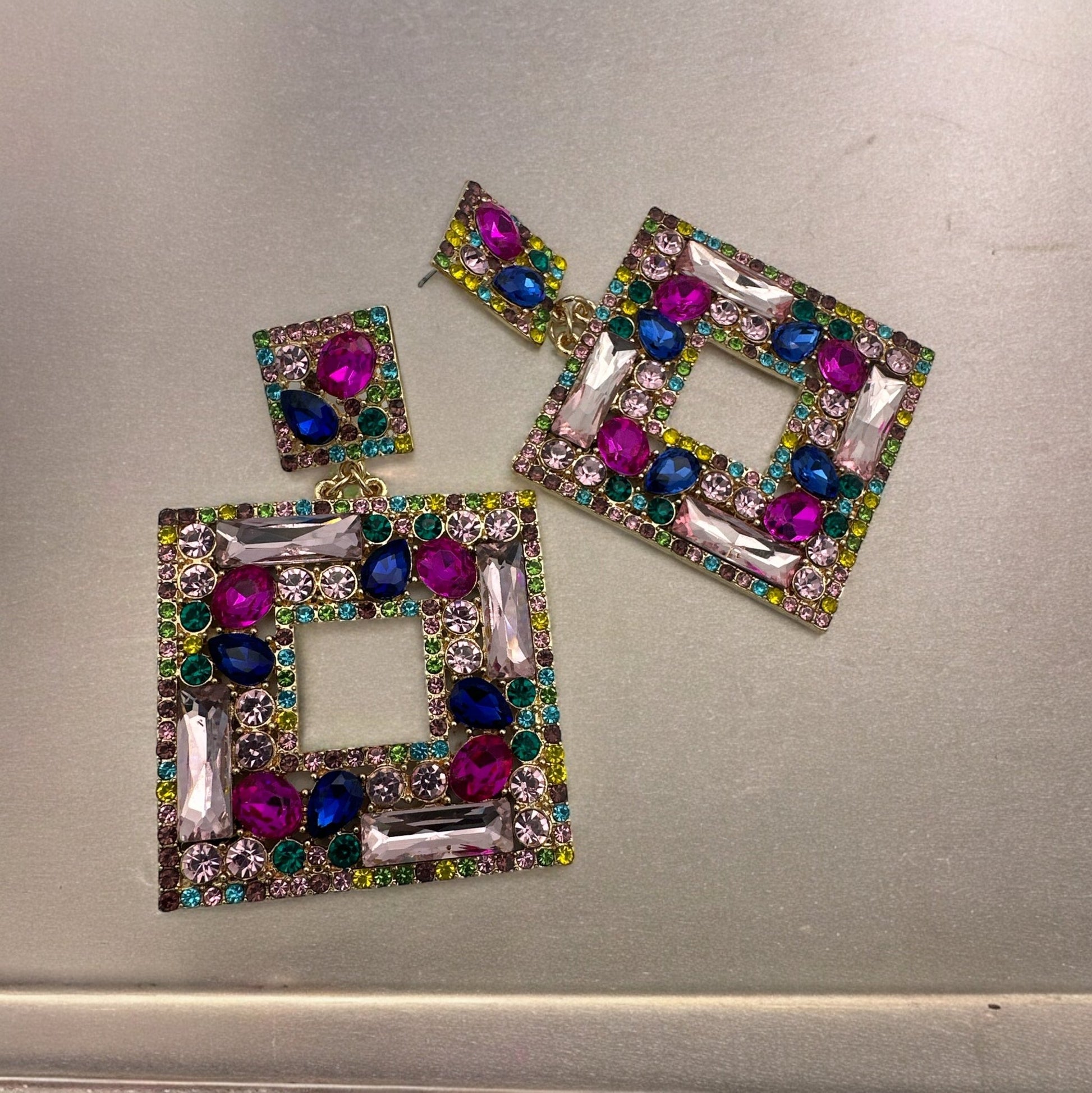 Elegant Oversized Square Rhinestone Statement Dangle Earrings - Fatisha Boutique