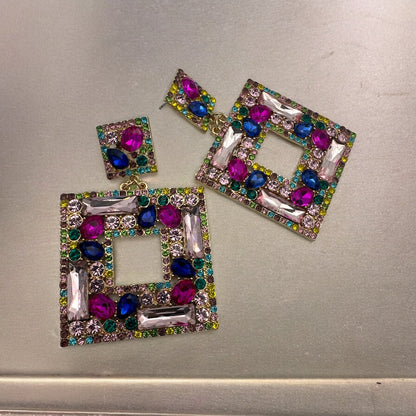 Elegant Oversized Square Rhinestone Statement Dangle Earrings - Fatisha Boutique