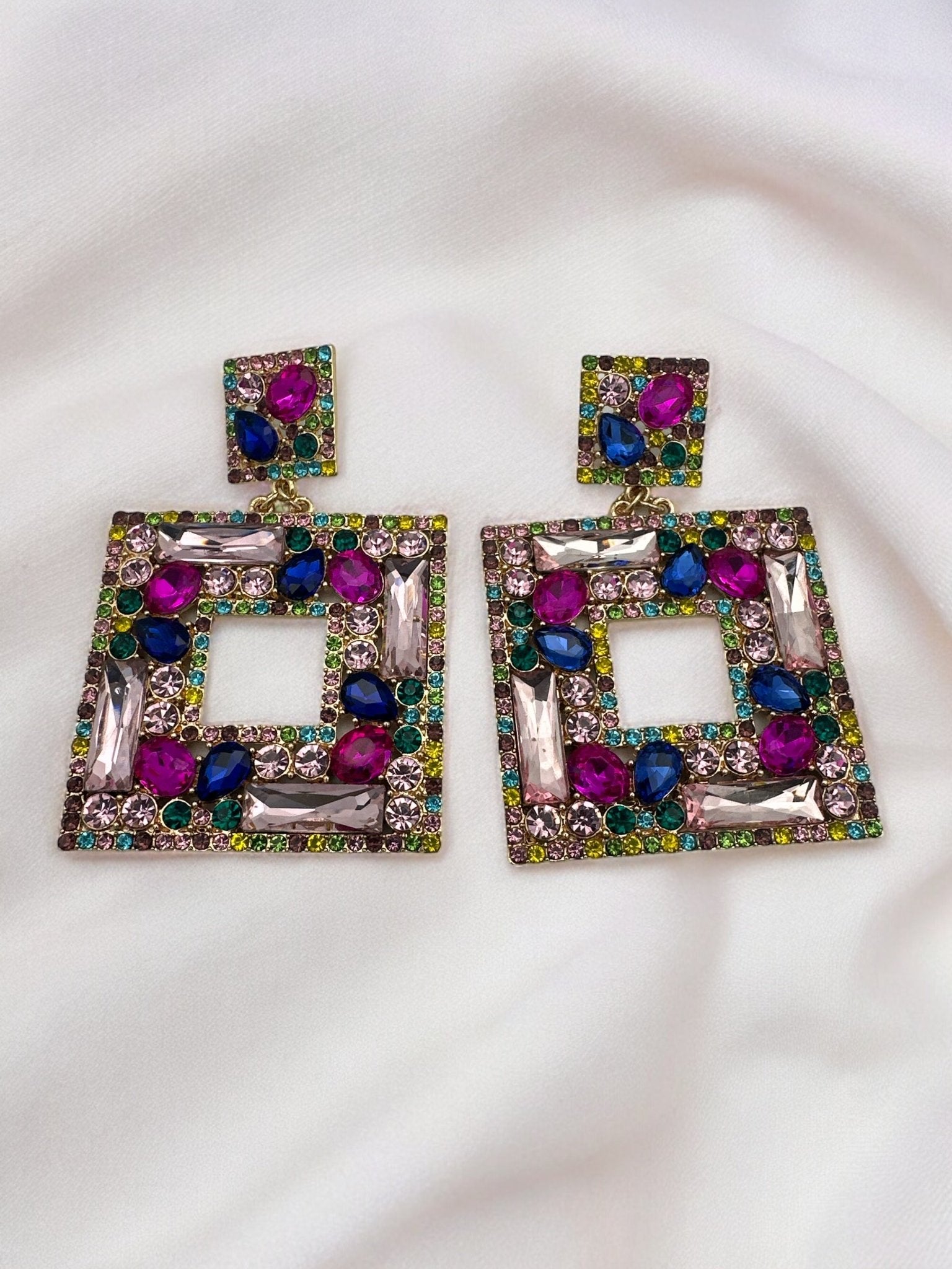 Elegant Oversized Square Rhinestone Statement Dangle Earrings - Fatisha Boutique
