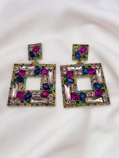 Elegant Oversized Square Rhinestone Statement Dangle Earrings - Fatisha Boutique