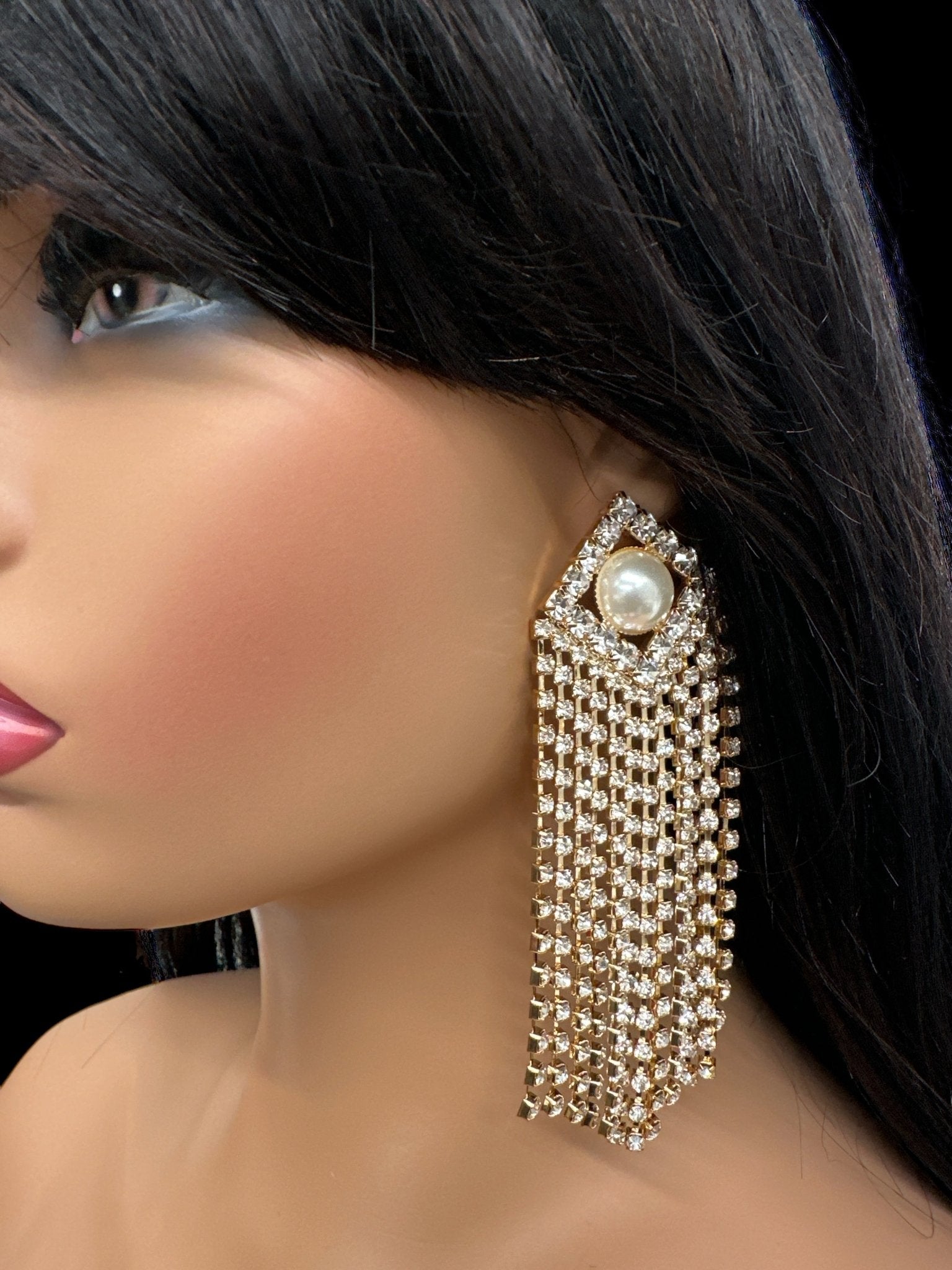 Elegant Pearl and Rhinestone Drape Statement Earrings - Fatisha Boutique