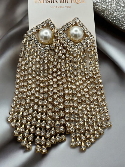 Elegant Pearl and Rhinestone Drape Statement Earrings - Fatisha Boutique