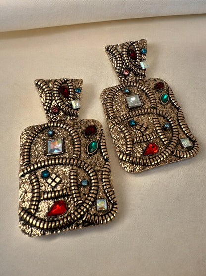 Elegant Rectangle Ethnic Boho Rhinestone Statement Dangle Earrings - Fatisha Boutique