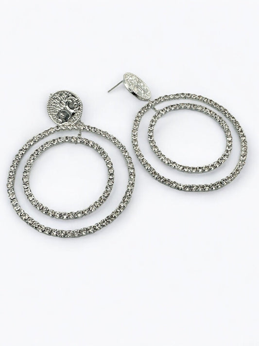 Elegant Rhinestone Double - Hoop Earrings with Tree of Life Detail - Fatisha Boutique