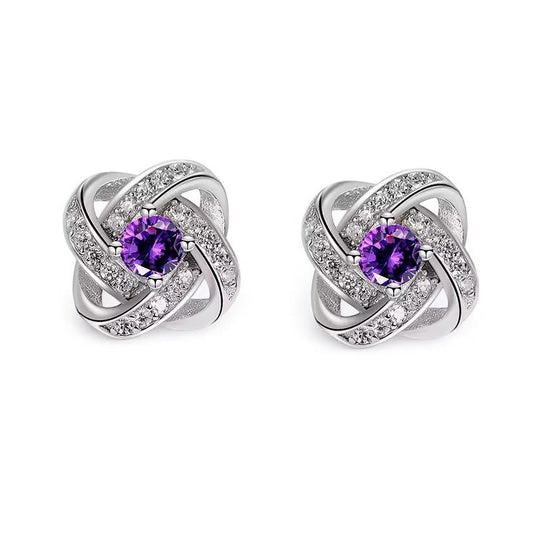 Elegant Rhinestone Knot Stud Earrings – Silver - Plated with Crystal or Amethyst Stone - Fatisha Boutique