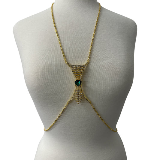 Elegant Silver Rhinestone Body Chain with Green Heart Pendant - Statement Body Jewellery - Fatisha Boutique