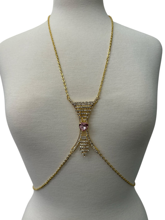 Elegant Silver Rhinestone Body Chain with Pink Heart Pendant - Statement Body Jewellery - Fatisha Boutique