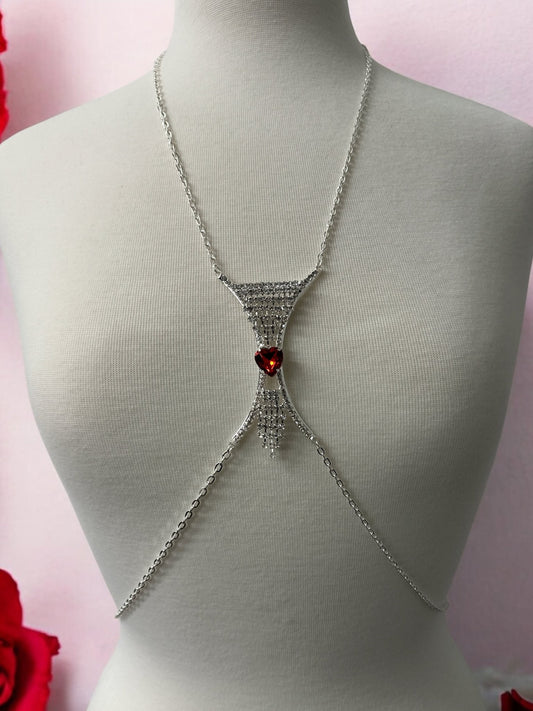 Elegant Silver Rhinestone Body Chain with Red Heart Pendant - Statement Body Jewellery - Fatisha Boutique