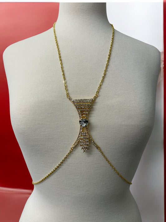 Elegant Silver Rhinestone Body Chain with White Heart Pendant - Statement Body Jewellery - Fatisha Boutique