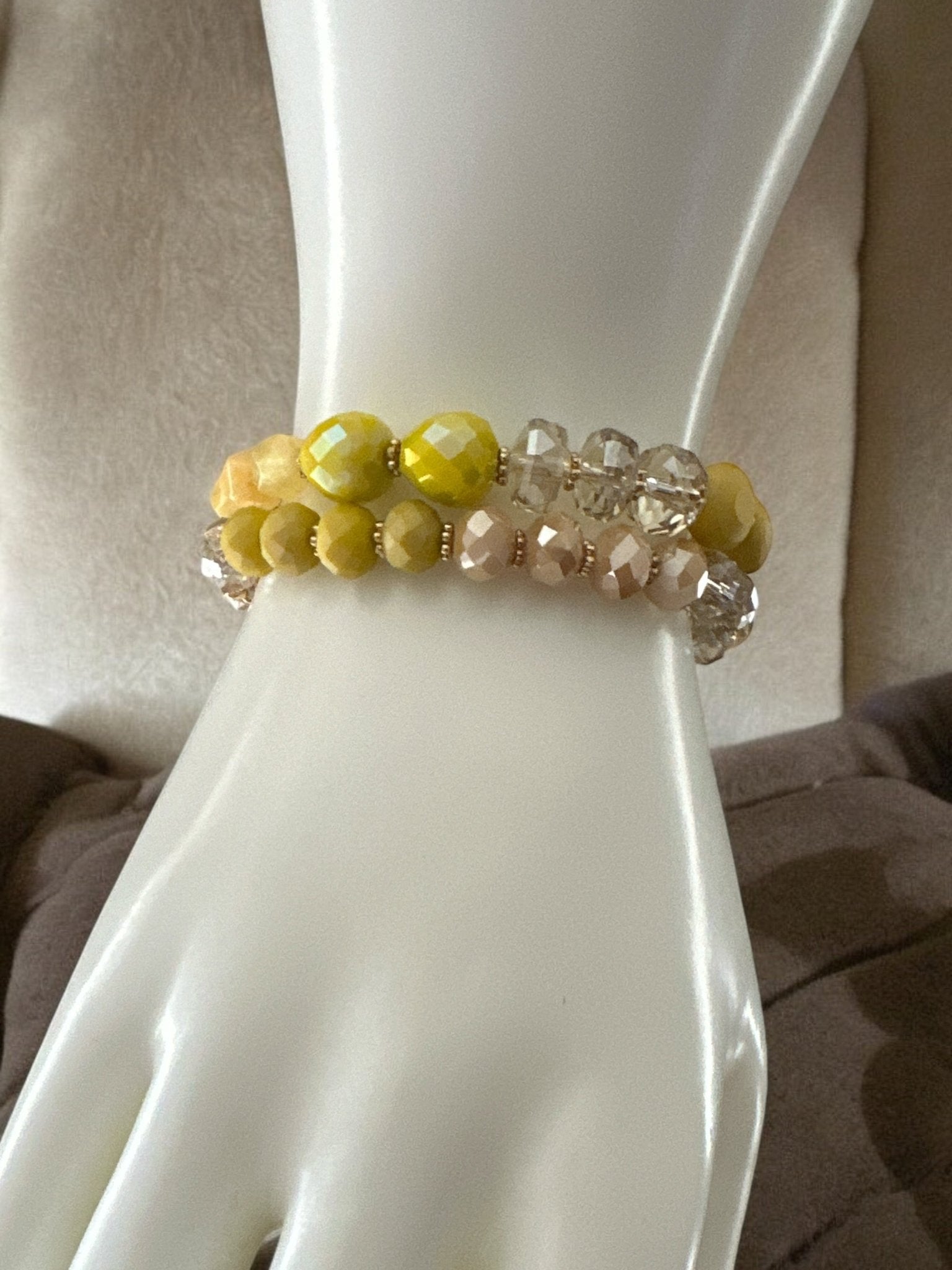 Elegant Stackable Yellow and Neutral Tones Beaded Stretch Bracelet Set - Fatisha Boutique
