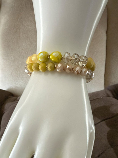 Elegant Stackable Yellow and Neutral Tones Beaded Stretch Bracelet Set - Fatisha Boutique