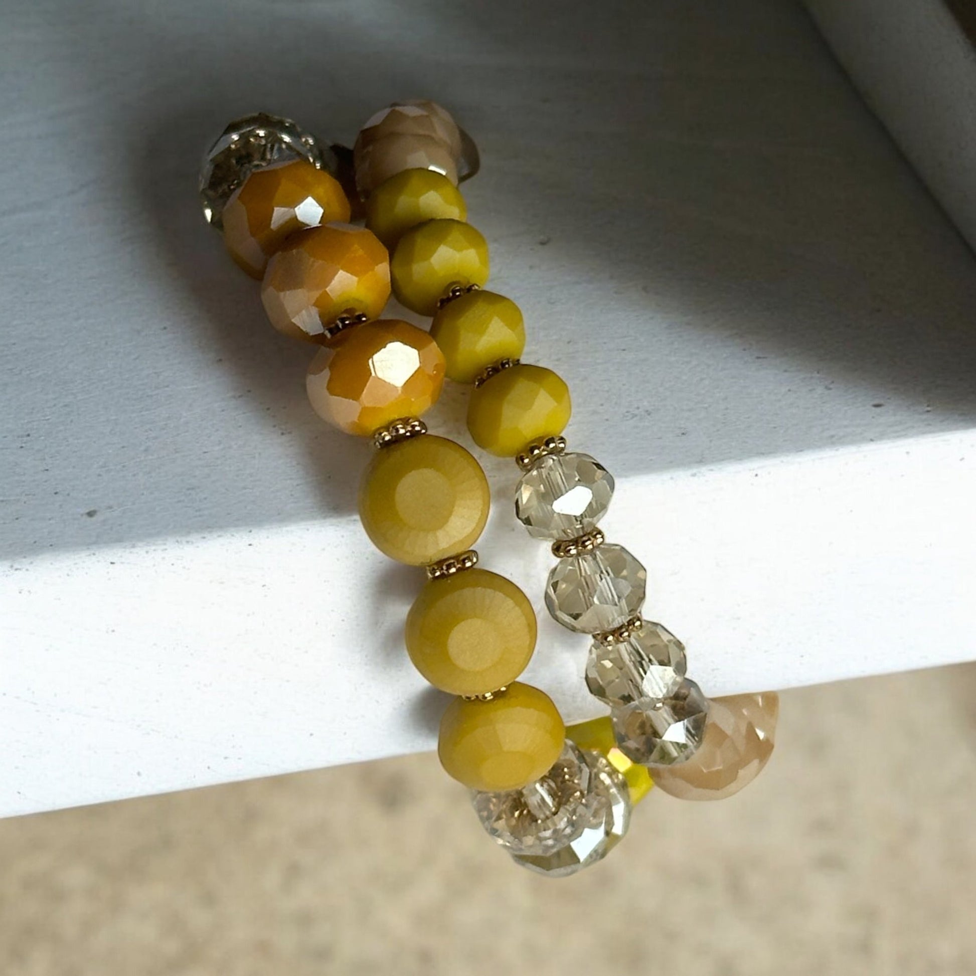 Elegant Stackable Yellow and Neutral Tones Beaded Stretch Bracelet Set - Fatisha Boutique