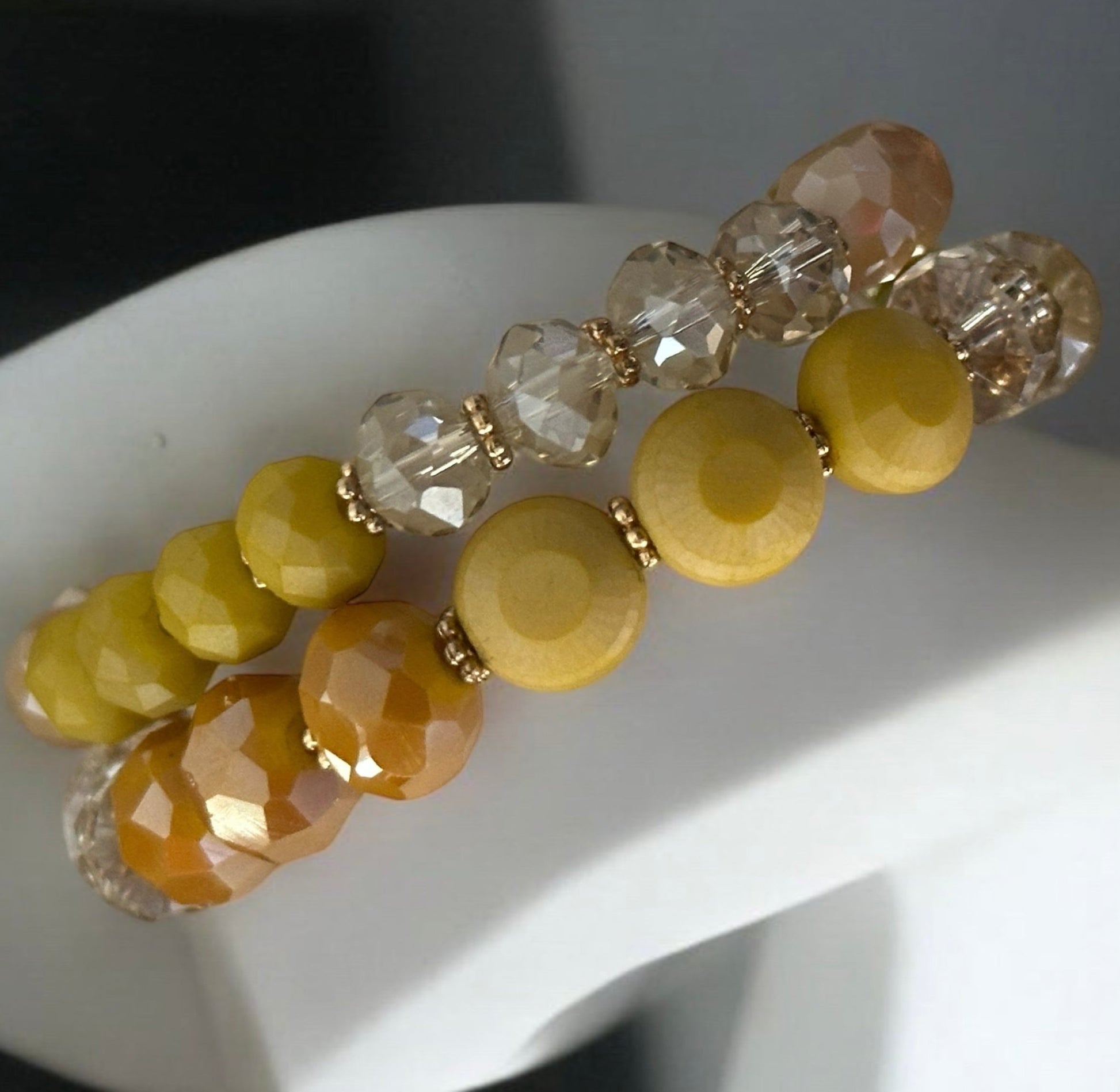 Elegant Stackable Yellow and Neutral Tones Beaded Stretch Bracelet Set - Fatisha Boutique