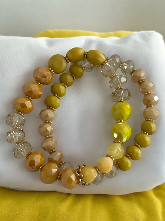 Elegant Stackable Yellow and Neutral Tones Beaded Stretch Bracelet Set - Fatisha Boutique