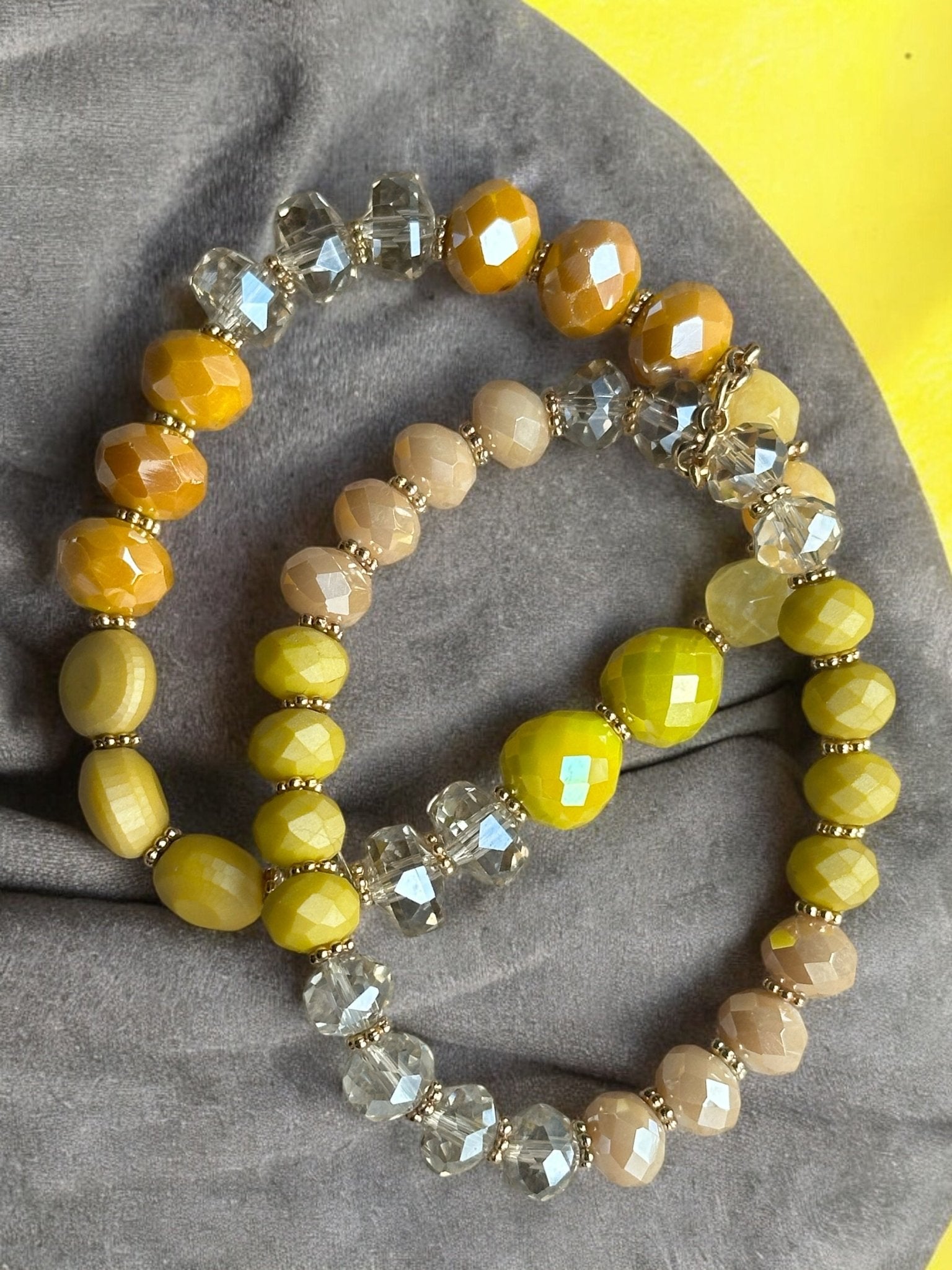 Elegant Stackable Yellow and Neutral Tones Beaded Stretch Bracelet Set - Fatisha Boutique