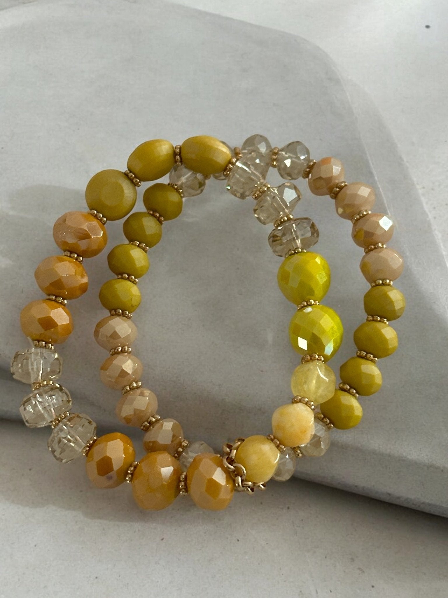 Elegant Stackable Yellow and Neutral Tones Beaded Stretch Bracelet Set - Fatisha Boutique
