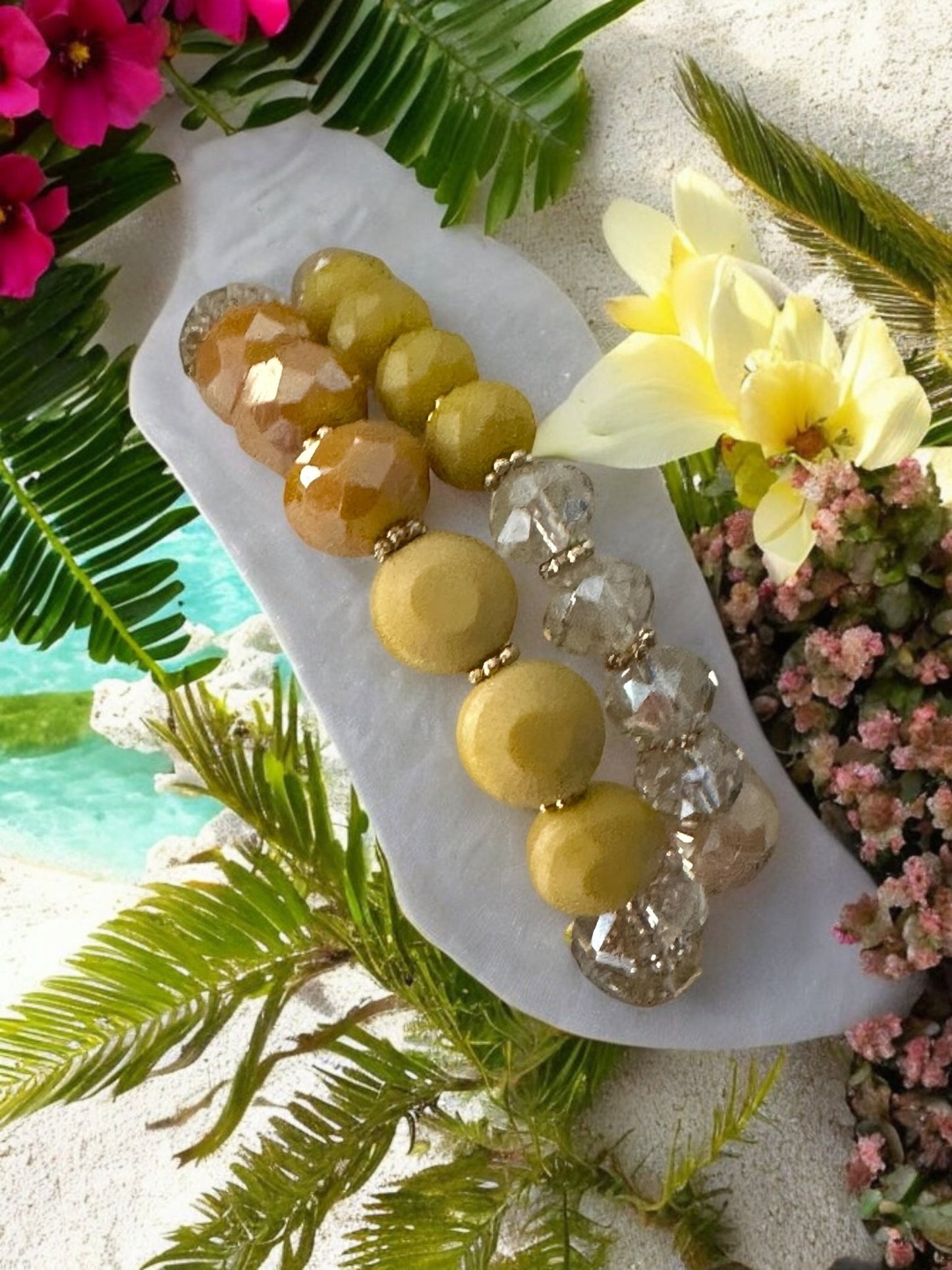 Elegant Stackable Yellow and Neutral Tones Beaded Stretch Bracelet Set - Fatisha Boutique