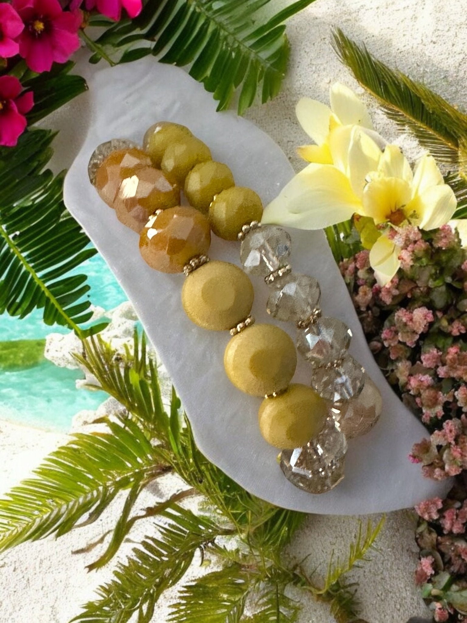 Elegant Stackable Yellow and Neutral Tones Beaded Stretch Bracelet Set - Fatisha Boutique