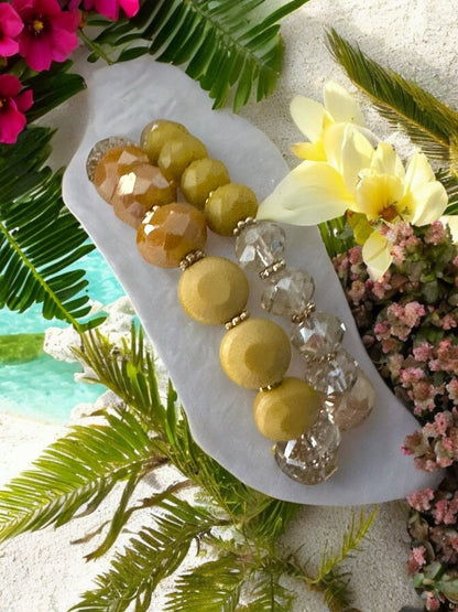 Elegant Stackable Yellow and Neutral Tones Beaded Stretch Bracelet Set - Fatisha Boutique