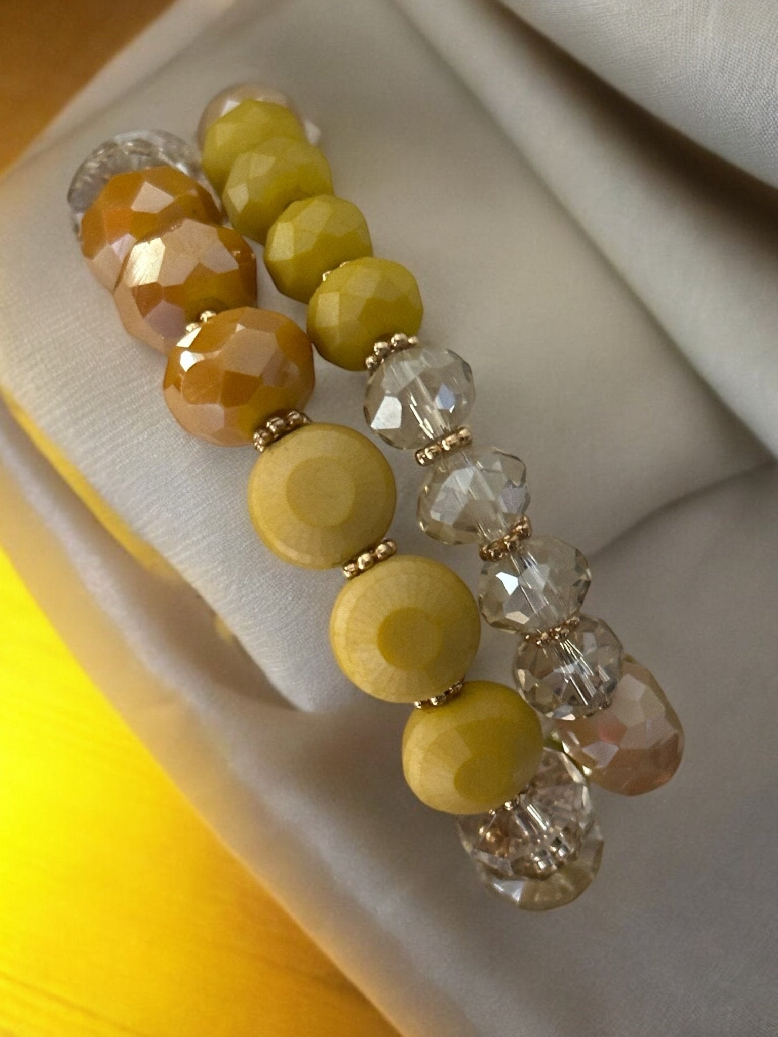 Elegant Stackable Yellow and Neutral Tones Beaded Stretch Bracelet Set - Fatisha Boutique