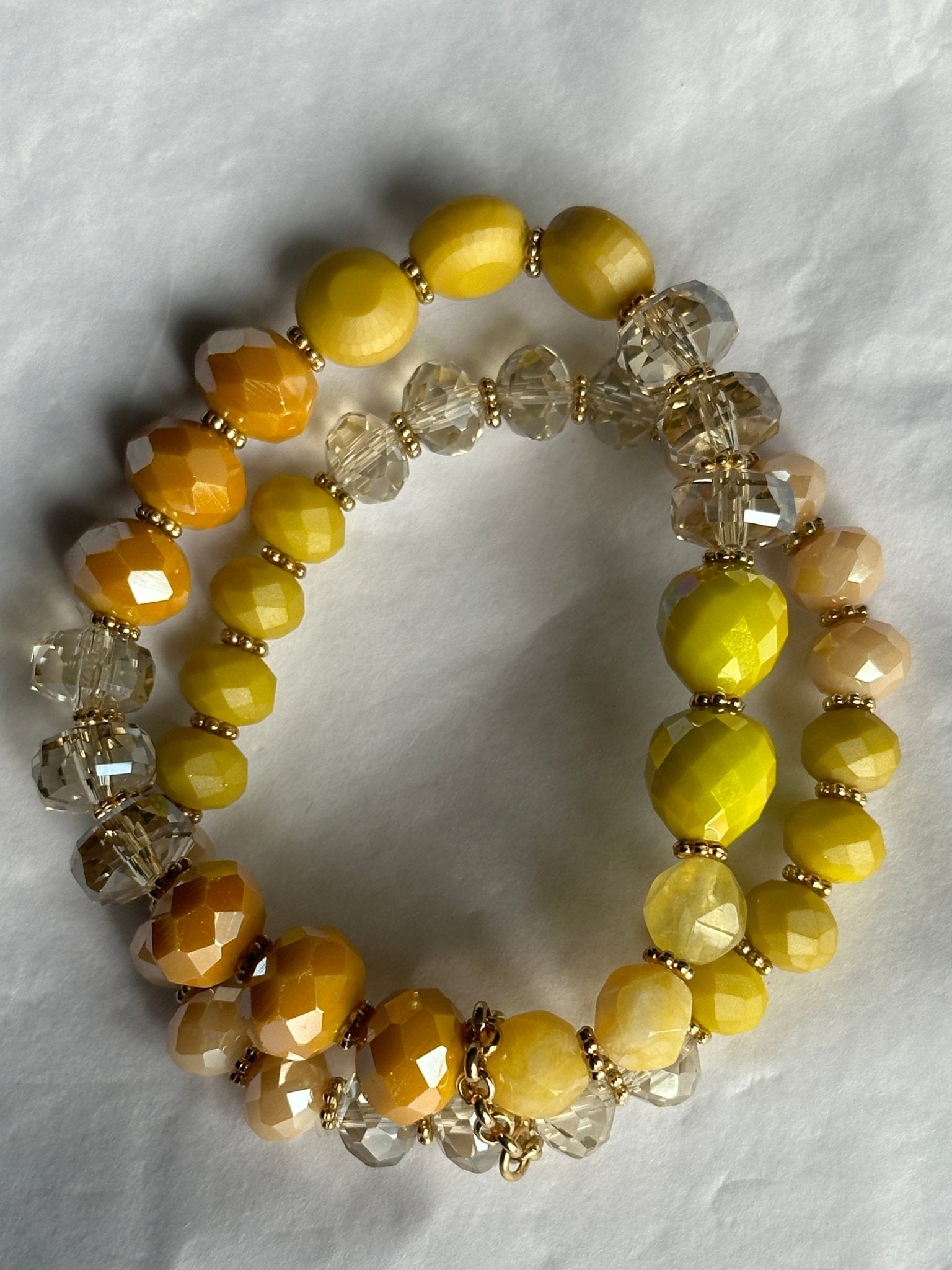 Elegant Stackable Yellow and Neutral Tones Beaded Stretch Bracelet Set - Fatisha Boutique
