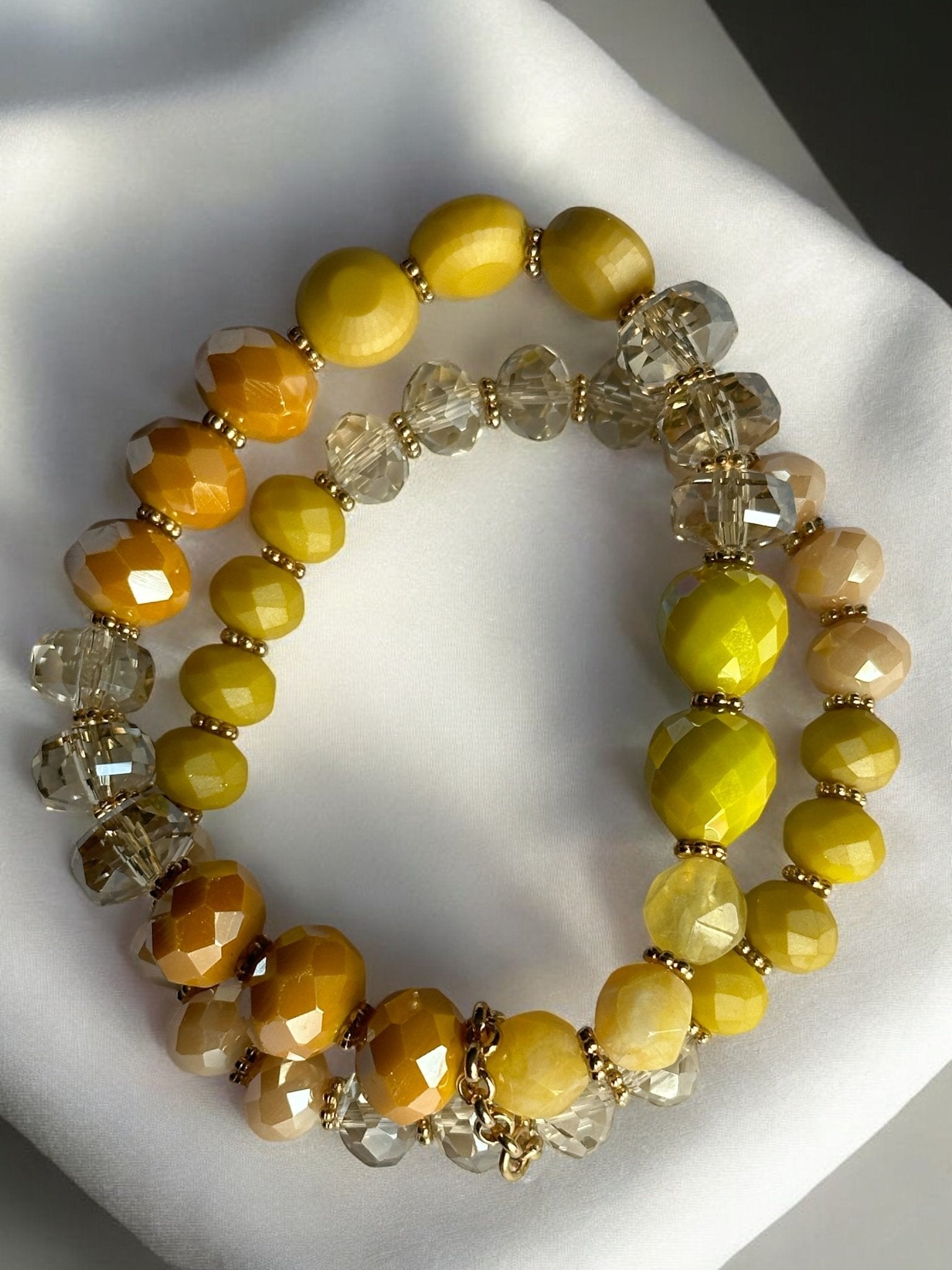 Elegant Stackable Yellow and Neutral Tones Beaded Stretch Bracelet Set - Fatisha Boutique