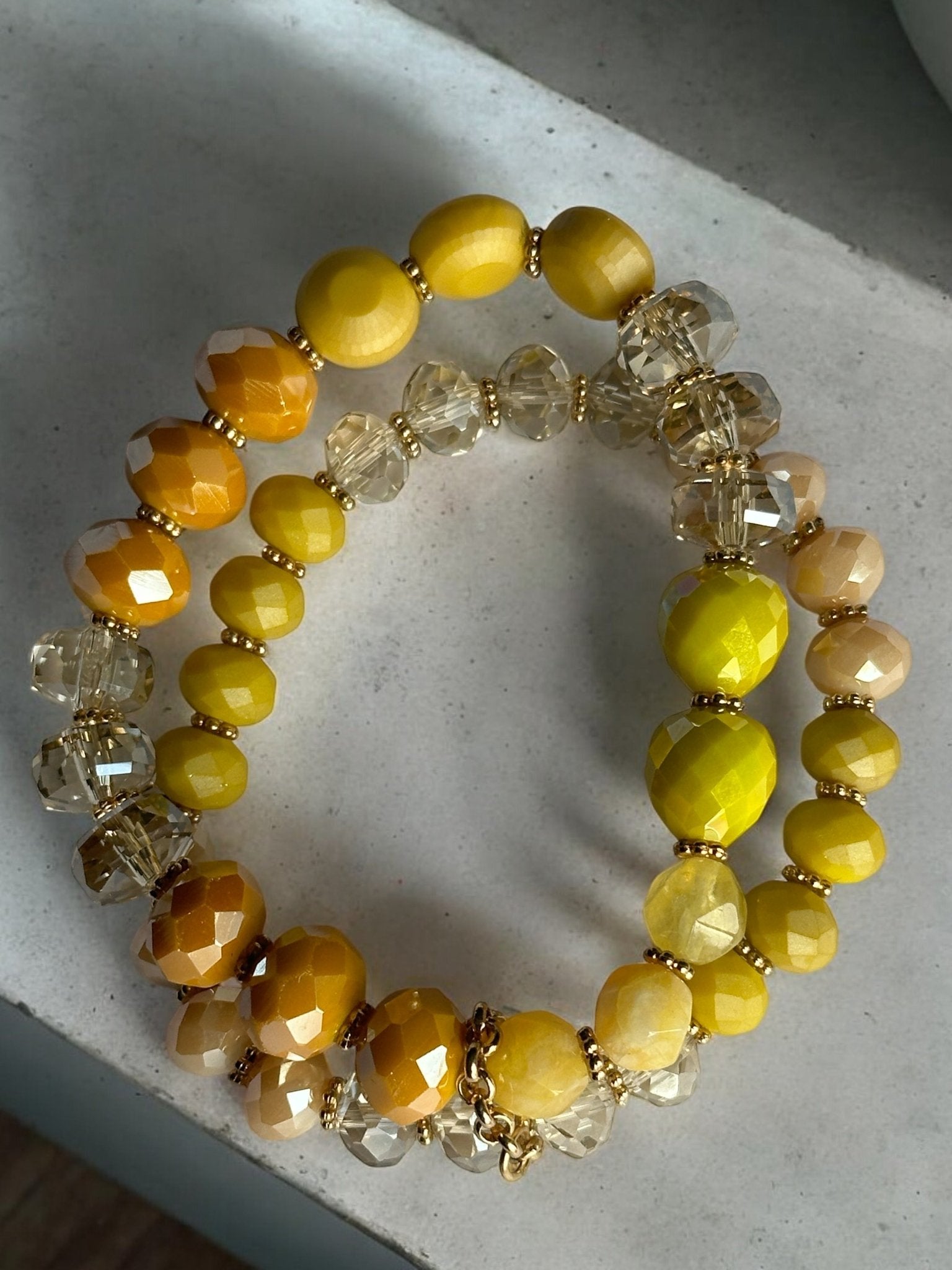 Elegant Stackable Yellow and Neutral Tones Beaded Stretch Bracelet Set - Fatisha Boutique