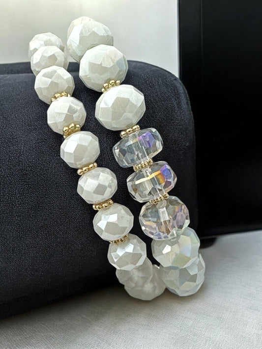 Elegant White & Crystal Faceted Beads with Gold Accents Beaded Bracelet Set - Fatisha Boutique