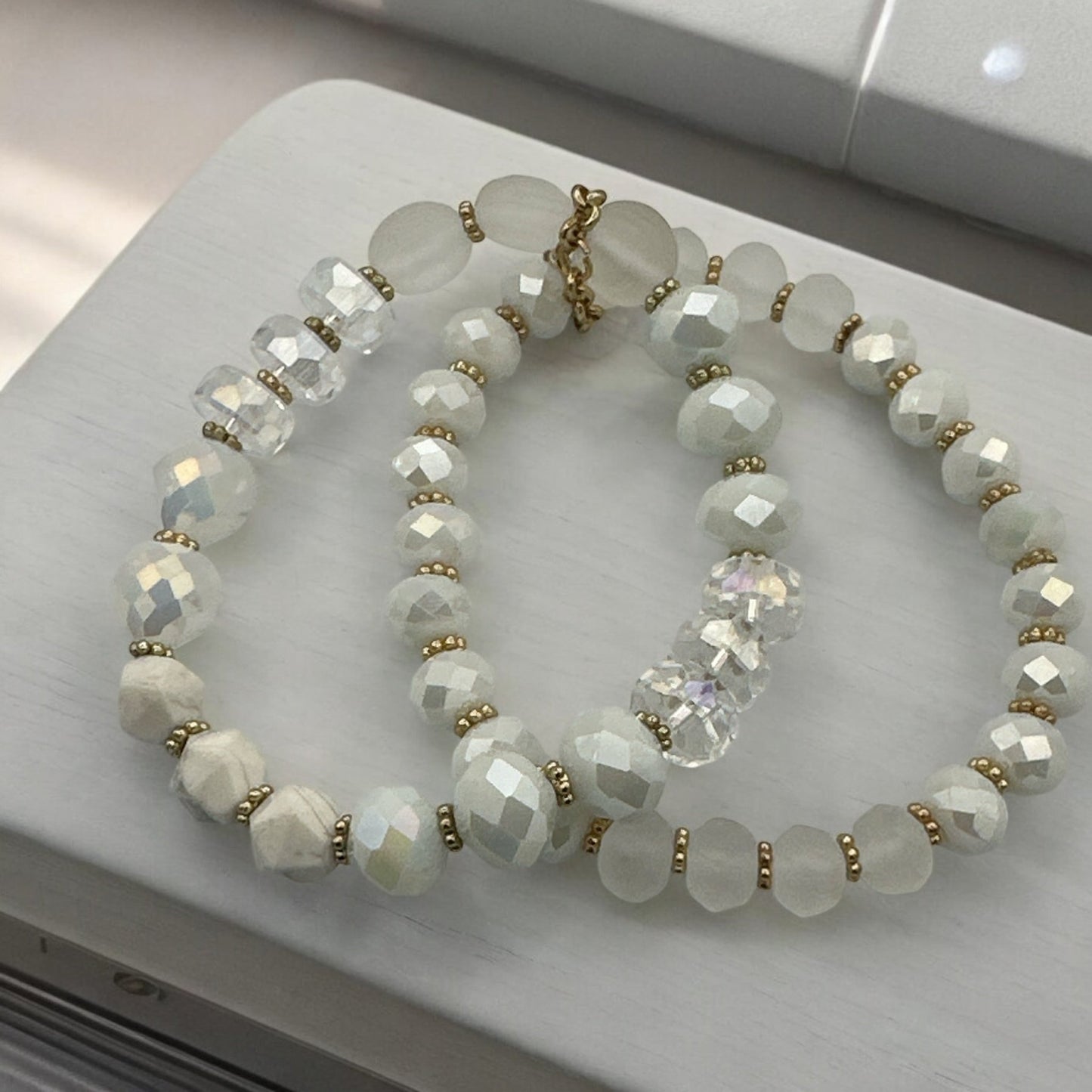 Elegant White & Crystal Faceted Beads with Gold Accents Beaded Bracelet Set - Fatisha Boutique