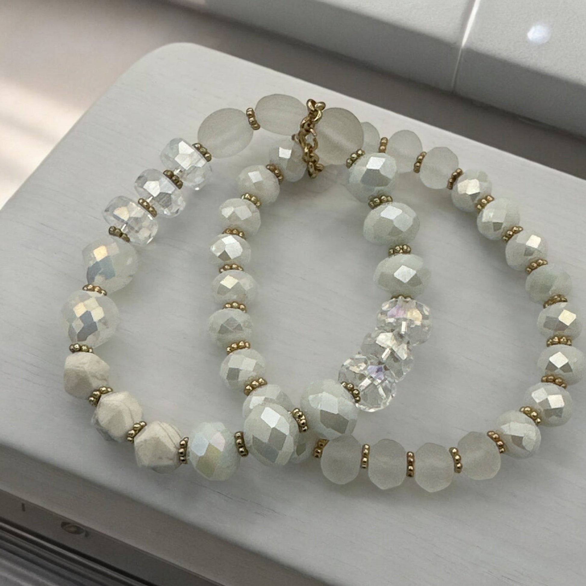 Elegant White & Crystal Faceted Beads with Gold Accents Beaded Bracelet Set - Fatisha Boutique