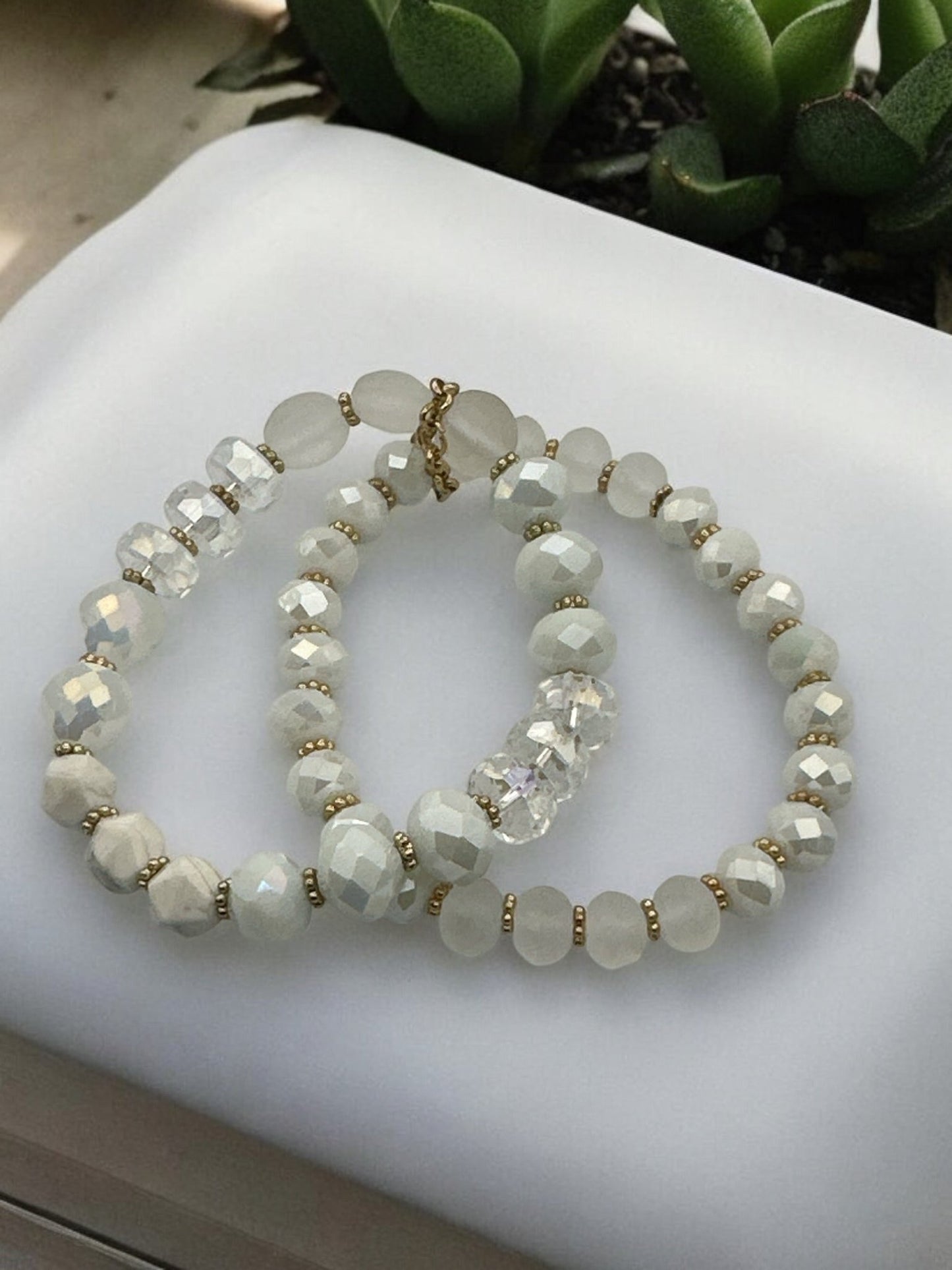 Elegant White & Crystal Faceted Beads with Gold Accents Beaded Bracelet Set - Fatisha Boutique