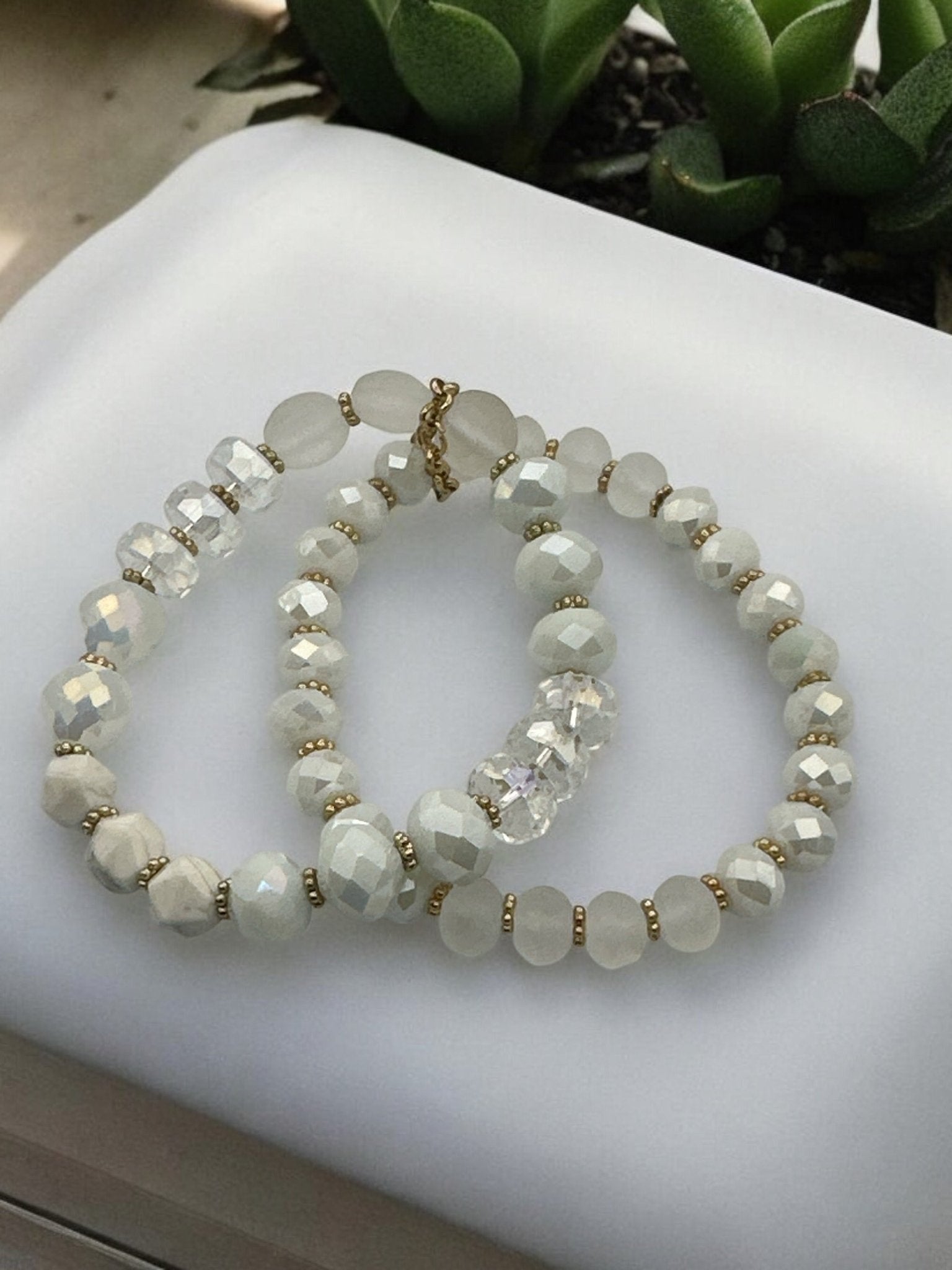 Elegant White & Crystal Faceted Beads with Gold Accents Beaded Bracelet Set - Fatisha Boutique