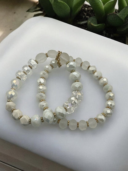 Elegant White & Crystal Faceted Beads with Gold Accents Beaded Bracelet Set - Fatisha Boutique