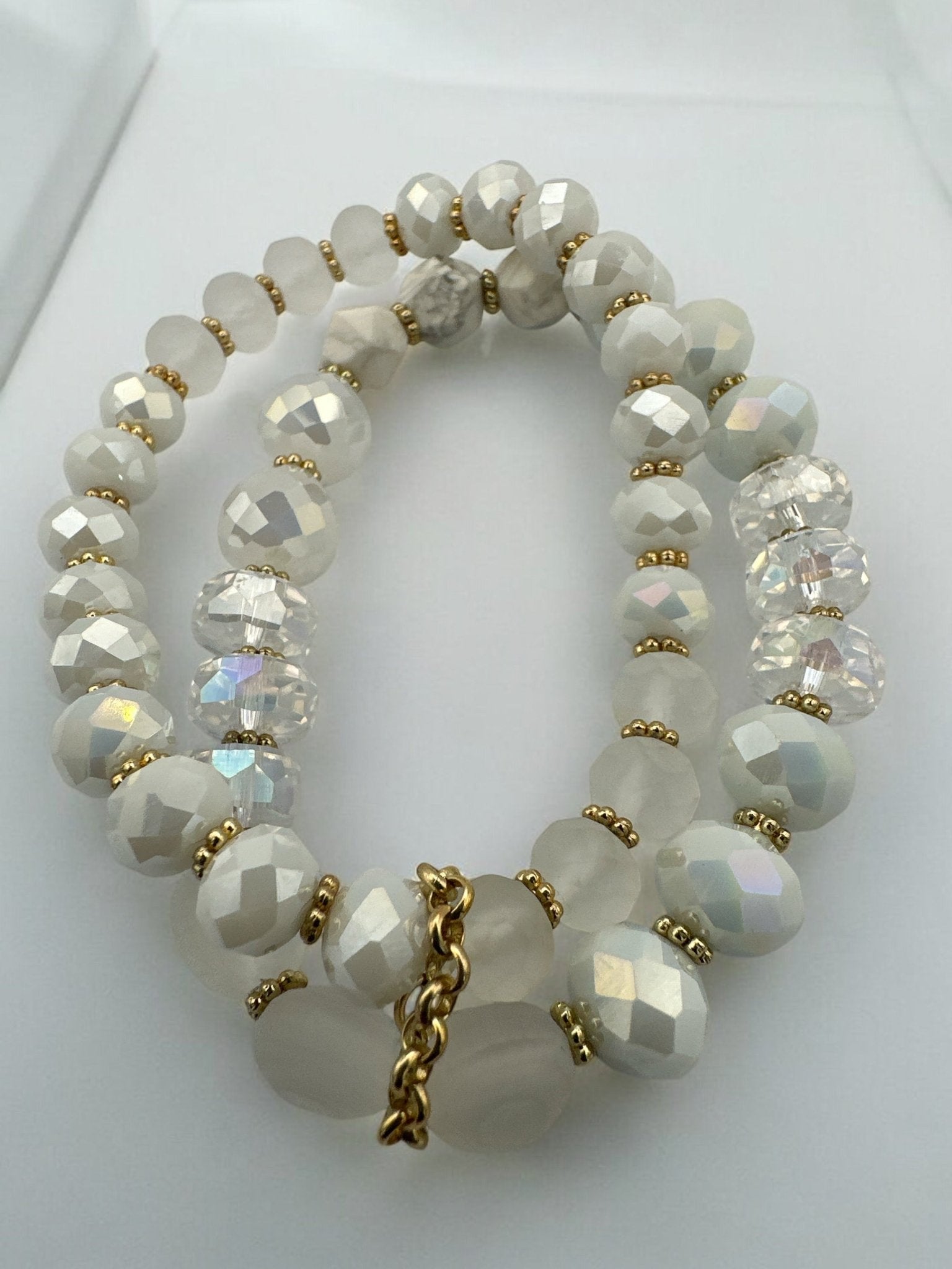 Elegant White & Crystal Faceted Beads with Gold Accents Beaded Bracelet Set - Fatisha Boutique