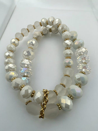 Elegant White & Crystal Faceted Beads with Gold Accents Beaded Bracelet Set - Fatisha Boutique