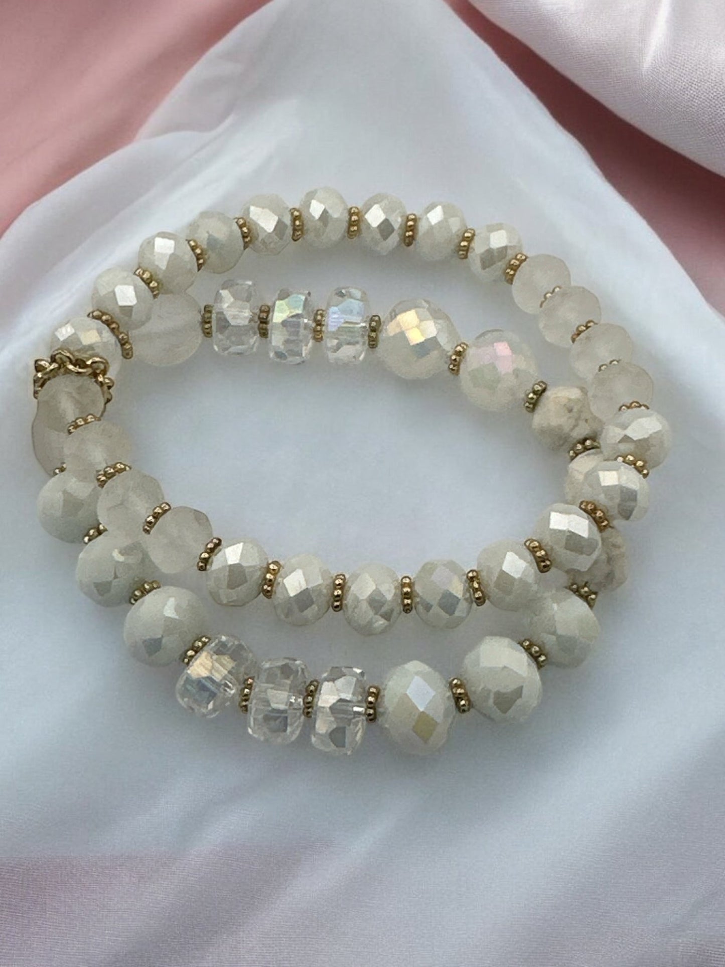 Elegant White & Crystal Faceted Beads with Gold Accents Beaded Bracelet Set - Fatisha Boutique