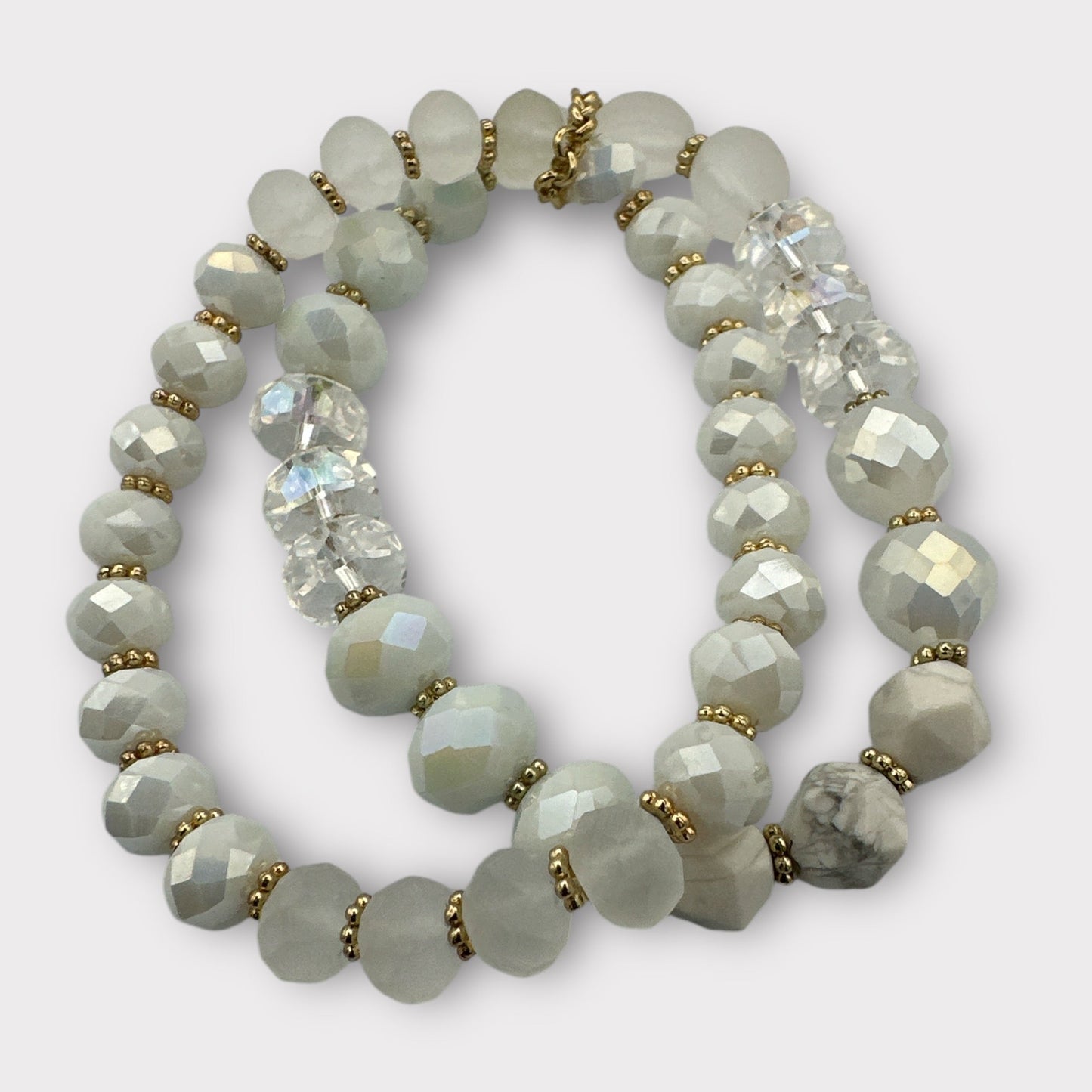 Elegant White & Crystal Faceted Beads with Gold Accents Beaded Bracelet Set - Fatisha Boutique