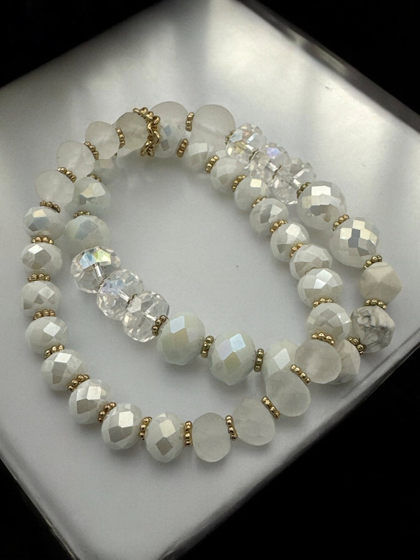 Elegant White & Crystal Faceted Beads with Gold Accents Beaded Bracelet Set - Fatisha Boutique