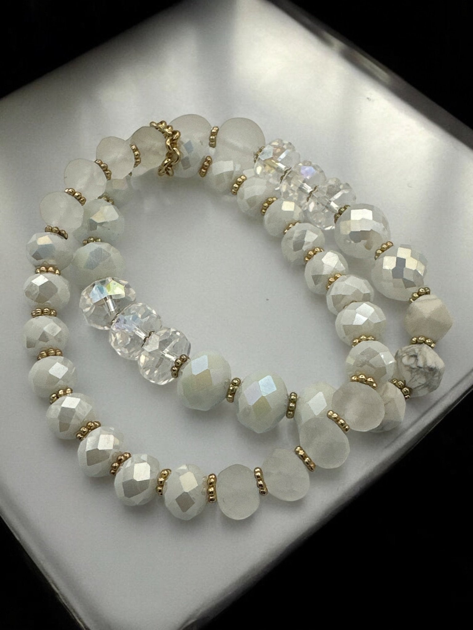 Elegant White & Crystal Faceted Beads with Gold Accents Beaded Bracelet Set - Fatisha Boutique