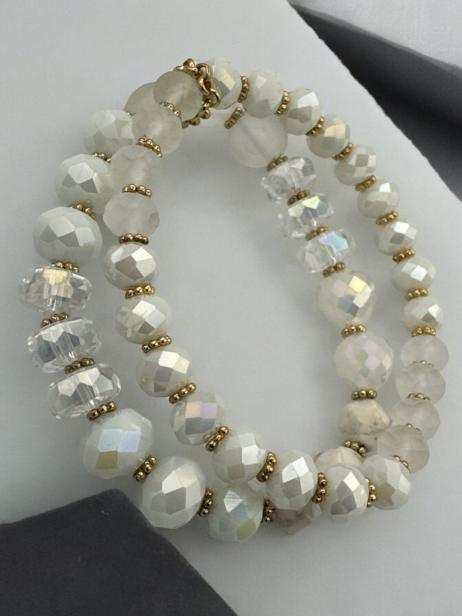 Elegant White & Crystal Faceted Beads with Gold Accents Beaded Bracelet Set - Fatisha Boutique