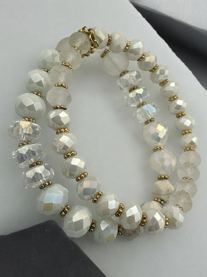 Elegant White & Crystal Faceted Beads with Gold Accents Beaded Bracelet Set - Fatisha Boutique