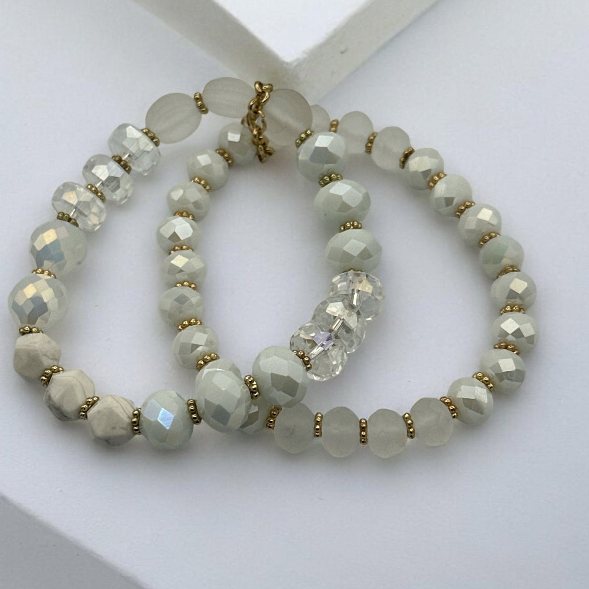 Elegant White & Crystal Faceted Beads with Gold Accents Beaded Bracelet Set - Fatisha Boutique