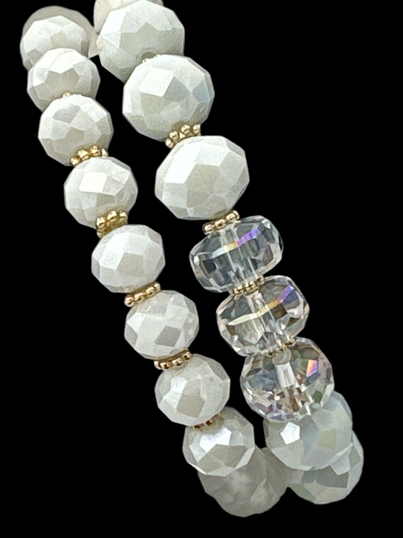 Elegant White & Crystal Faceted Beads with Gold Accents Beaded Bracelet Set - Fatisha Boutique