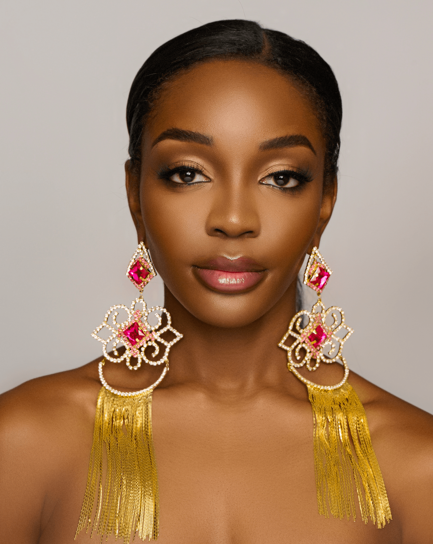 Extra Long Luxury Pink Elegant Rhinestones Diamante Statement Earrings - Fatisha Boutique